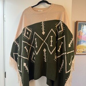 Elegant Olive and Cream Cape with Fringe